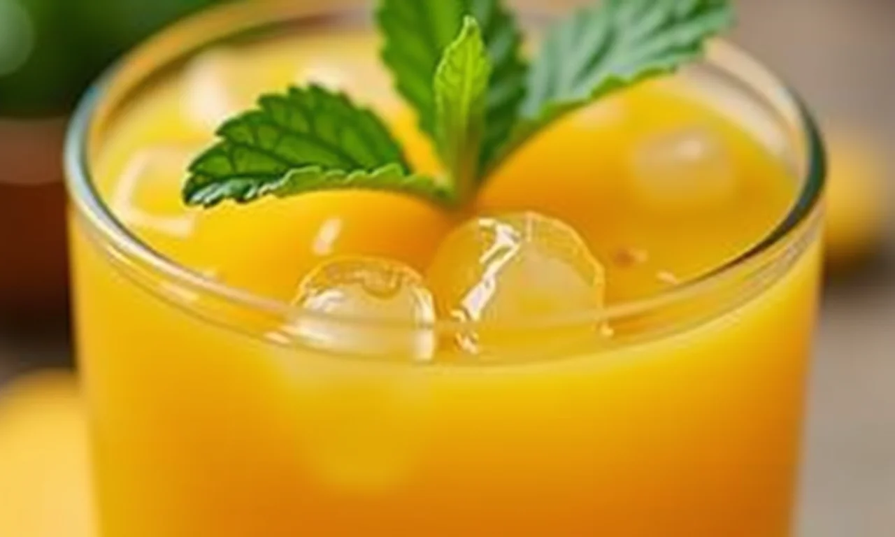 Suco de manga fresco decorado com folhas de hortelã.