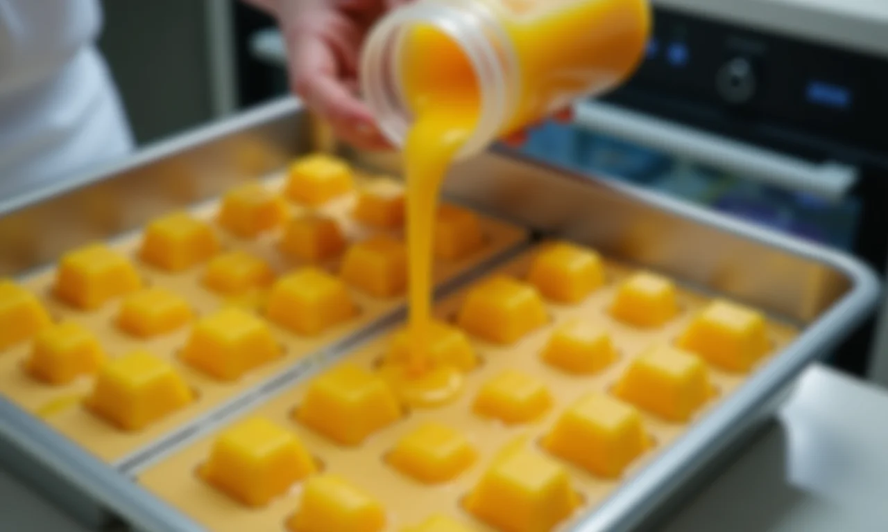 Suco de manga sendo congelado em forminhas de gelo.