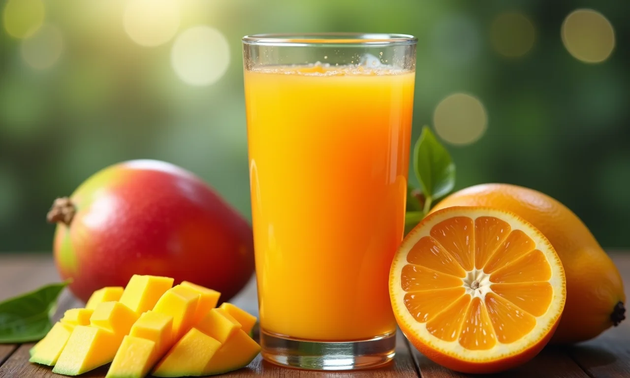 Suco de manga turbinado com laranja e acerola.