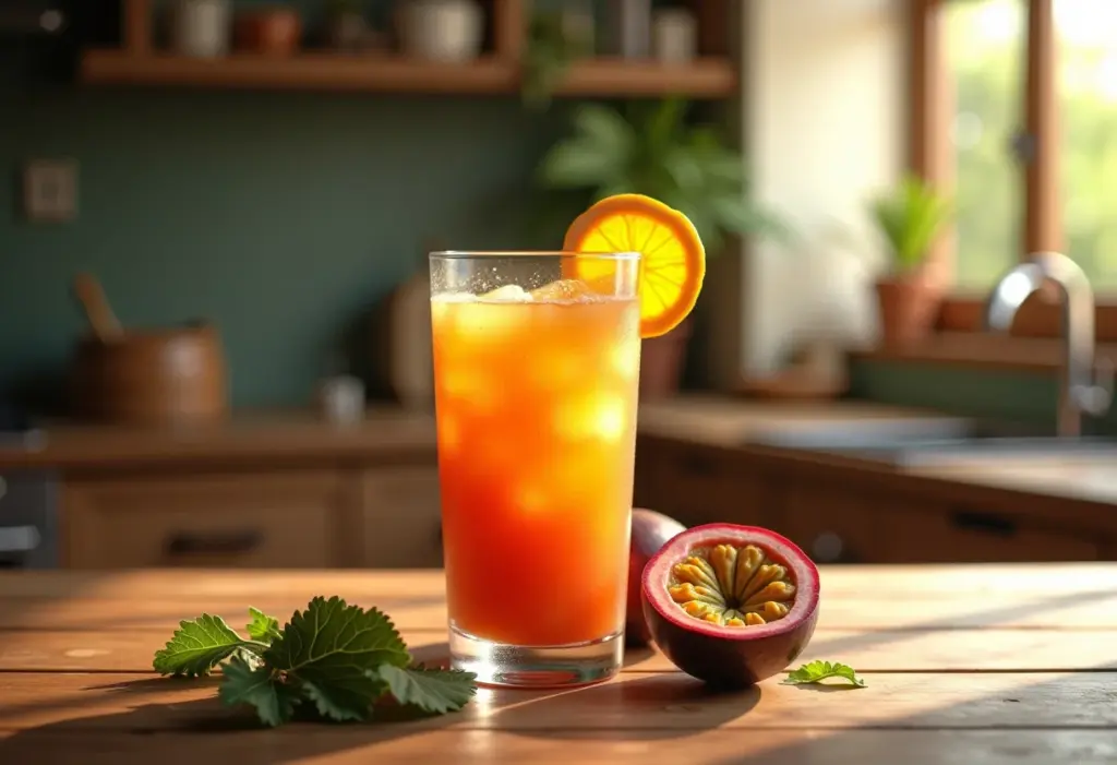 Suco de maracujá com couve em copo rústico