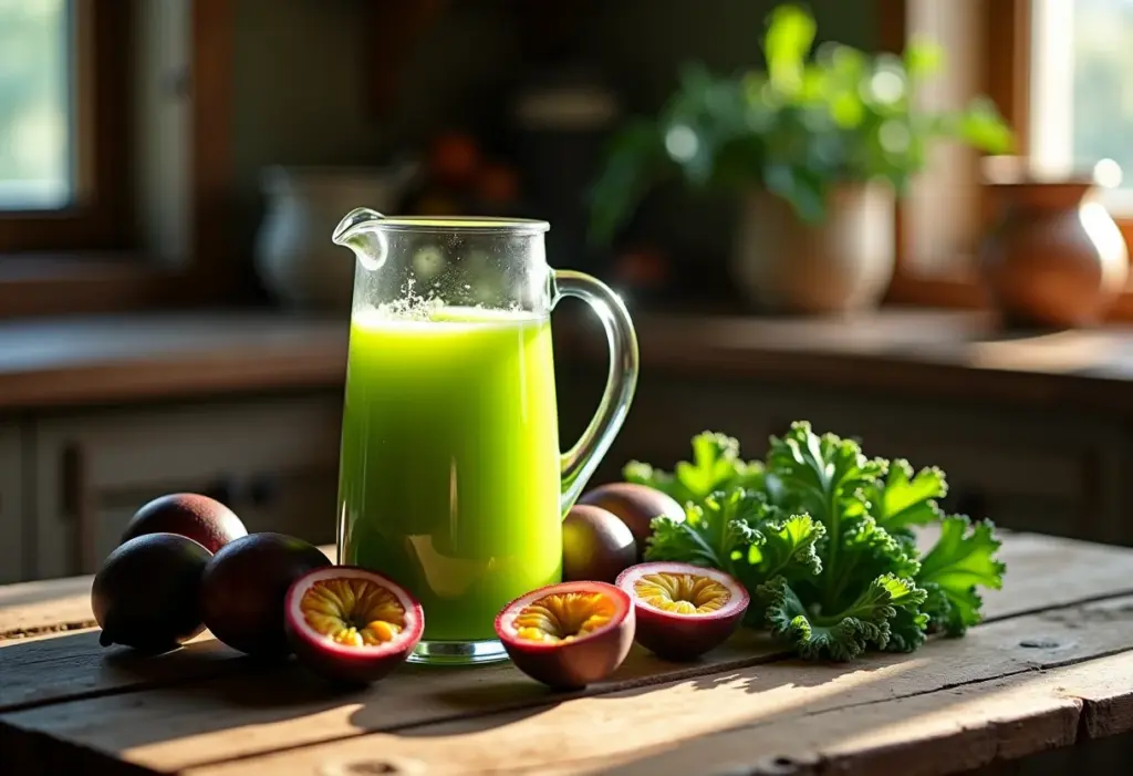 Suco de maracujá com couve em mesa rústica