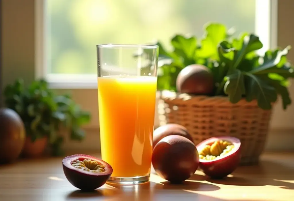 Suco de maracujá com couve refrescante em mesa de madeira rústica