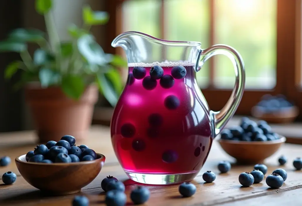 Suco de mirtilo caseiro em mesa rústica