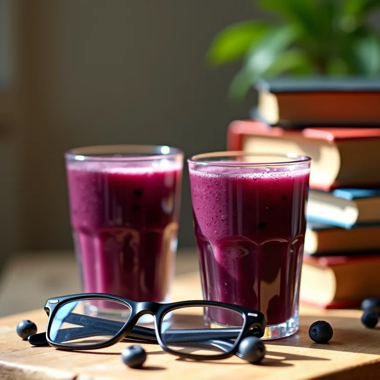 Suco de mirtilo e óculos de leitura.