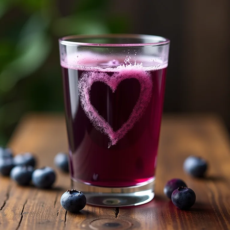 Suco de mirtilo e um coração desenhado no copo.