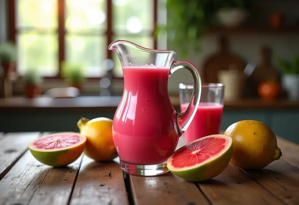 Suco de pitanga caseiro servido em mesa rústica