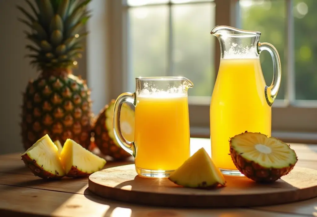 Suco de siriguela com abacaxi em mesa rústica