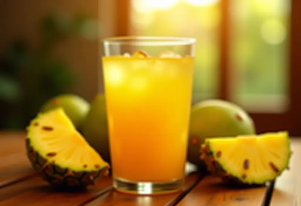 Suco de siriguela com abacaxi em um copo rústico.