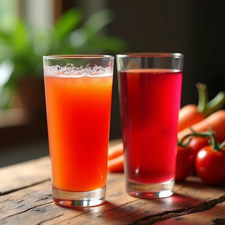 Suco de tomate com cenoura e beterraba nutritivo.