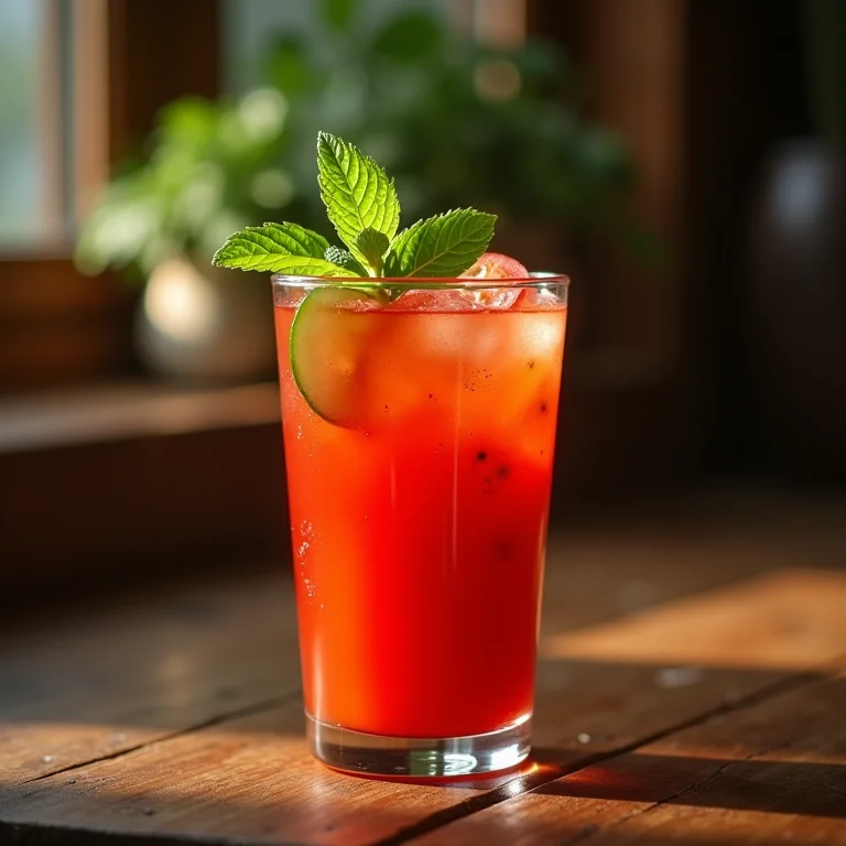 Suco de tomate com pepino e hortelã refrescante.