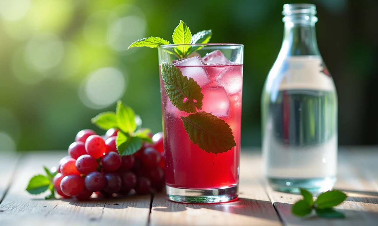 Suco de uva com hortelã e gelo para hidratação intensa.