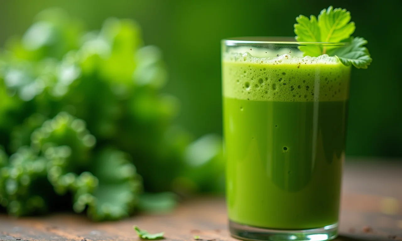 Suco de uva verde com couve em um copo sobre mesa rústica.