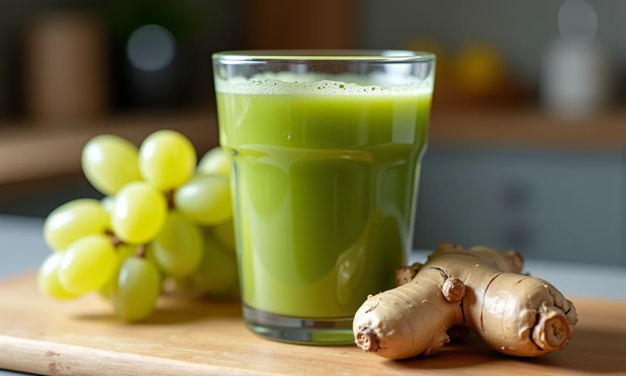 Suco de uva verde com gengibre em cozinha aconchegante.