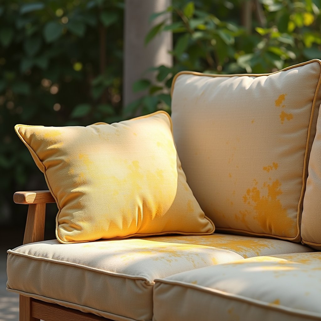 Sofá externo desbotado pelo sol e danificado.