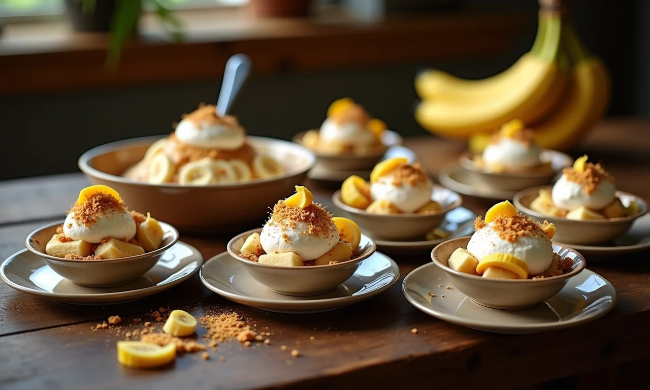 Taças de banana split.