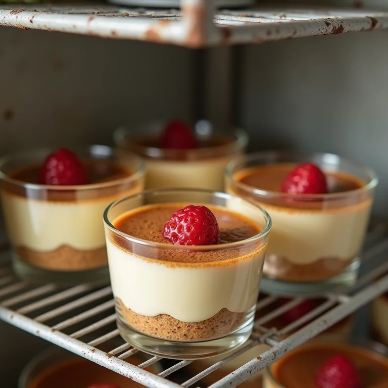 Taças de tiramisu gelando em uma geladeira antiga.