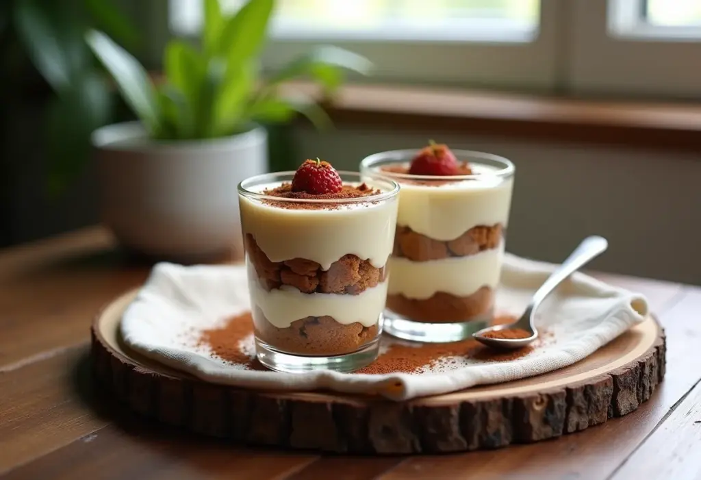 Taças de tiramisu individual em mesa rústica com luz natural.