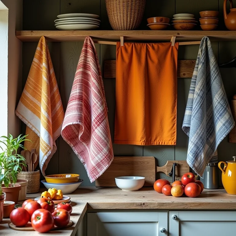 Tecidos e panos coloridos em uma despensa rústica.