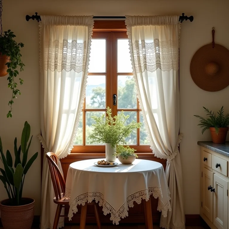 Tecidos naturais em cozinha rústica: algodão, linho e crochê.