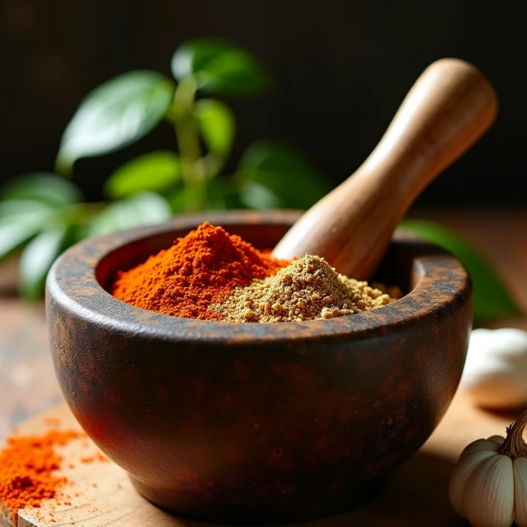 Tempero caseiro para carne seca em um pilão.