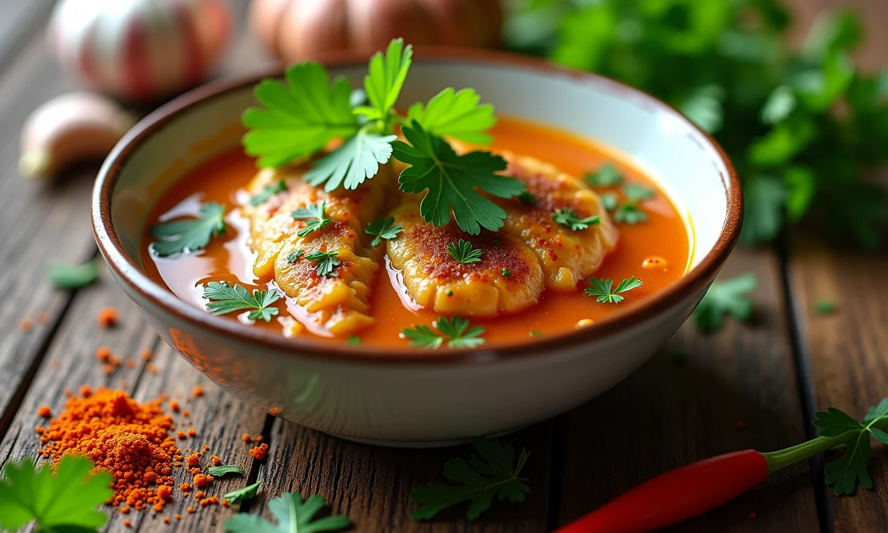 Temperos frescos ao redor de um prato de pirão de peixe.