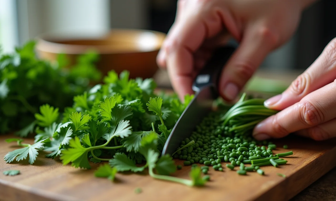 Temperos frescos sendo picados com um caldinho de feijão ao fundo.