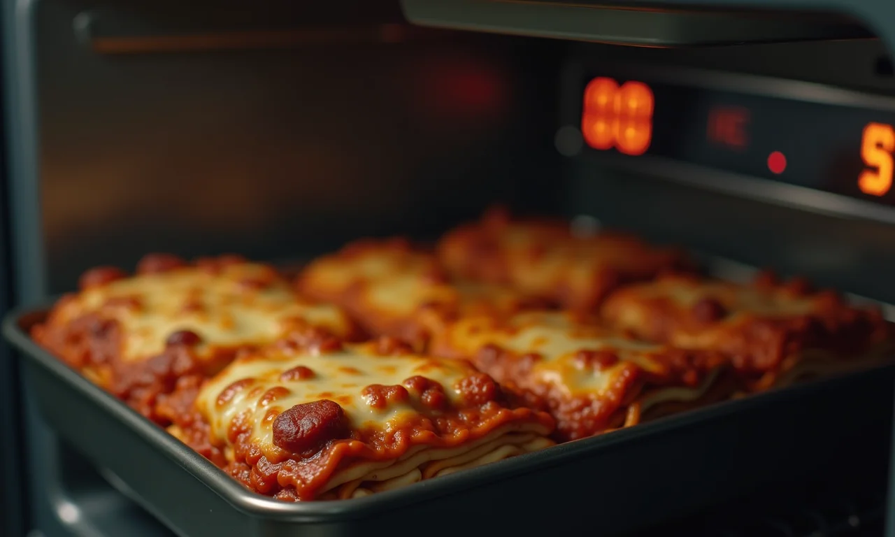 Temporizador do forno mostrando o tempo de cozimento da lasanha.