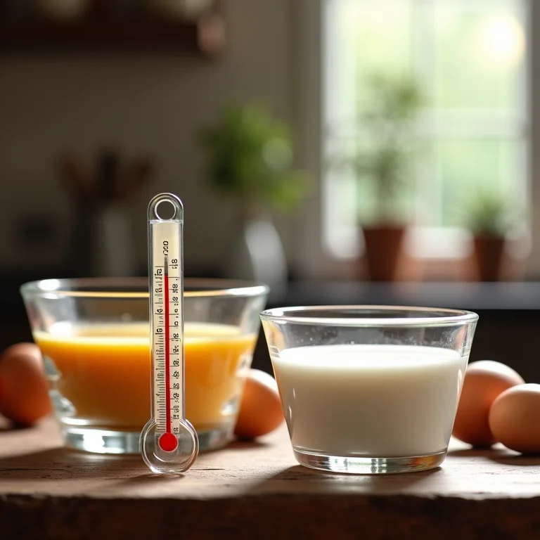 Termômetro medindo a temperatura ideal dos ingredientes do bolo.