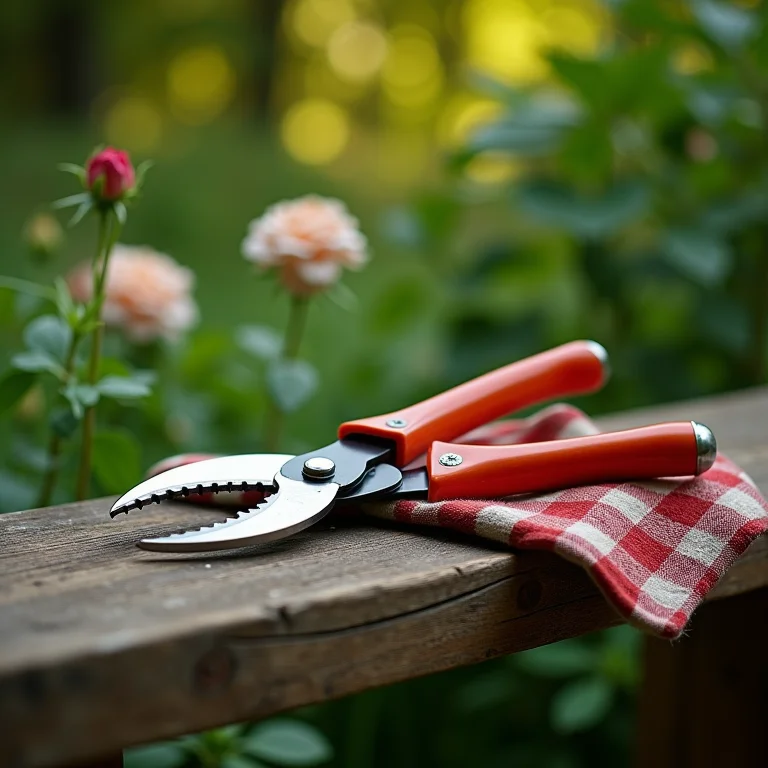 Tesoura de poda e luvas de jardinagem sobre um banco de madeira rústico, em meio ao verde das plantas.