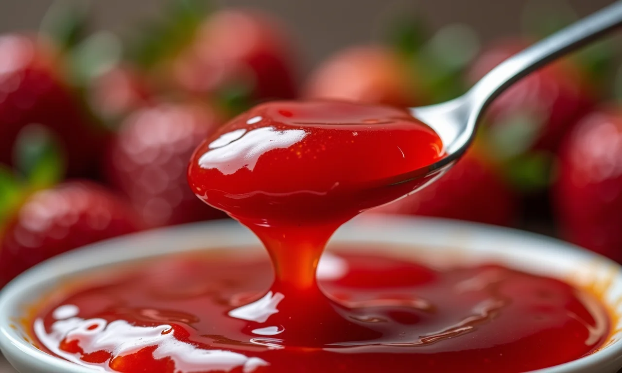 Teste de ponto da geleia de morango escorrendo da colher.