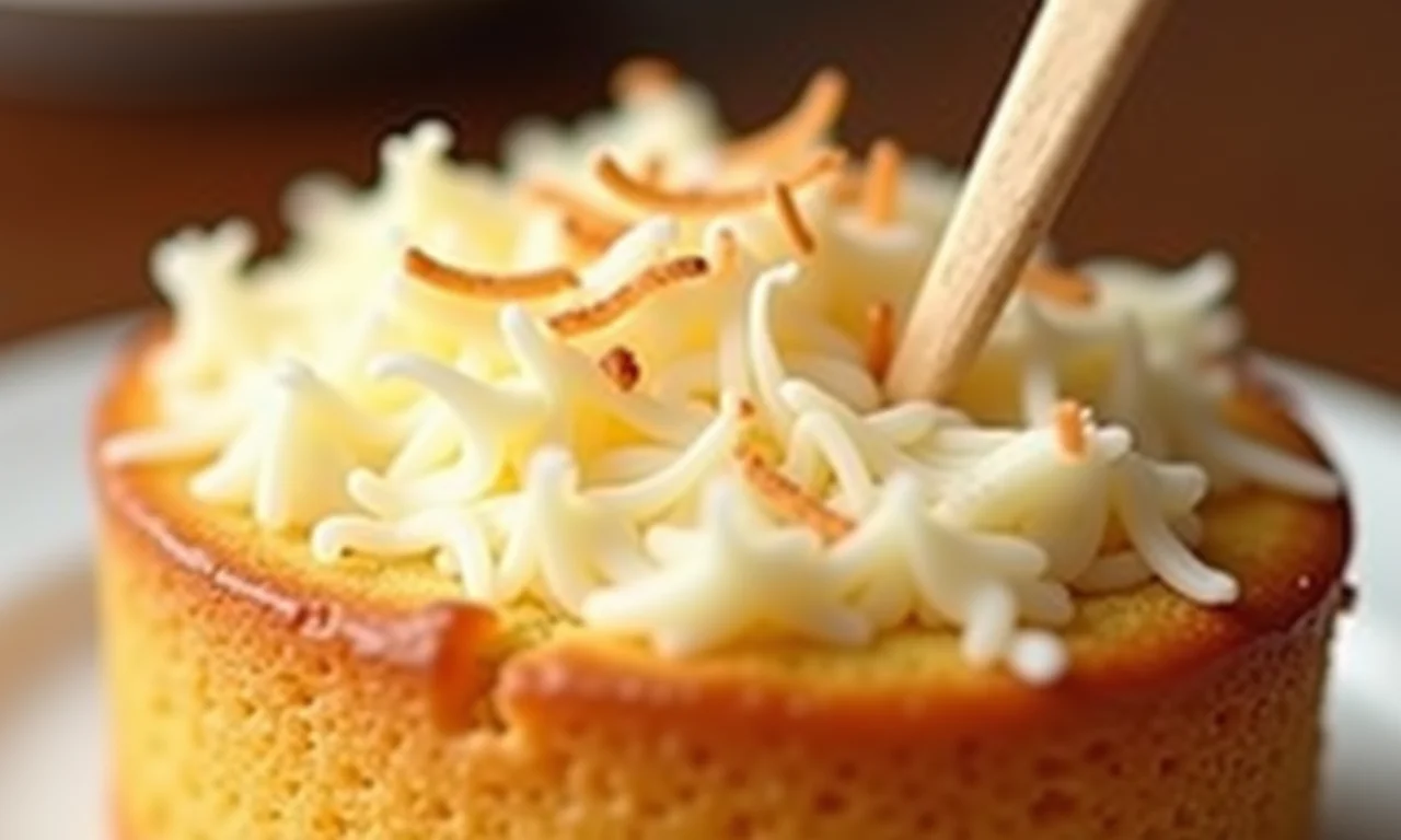 Teste do palito em bolo de coco cremoso recém-assado.