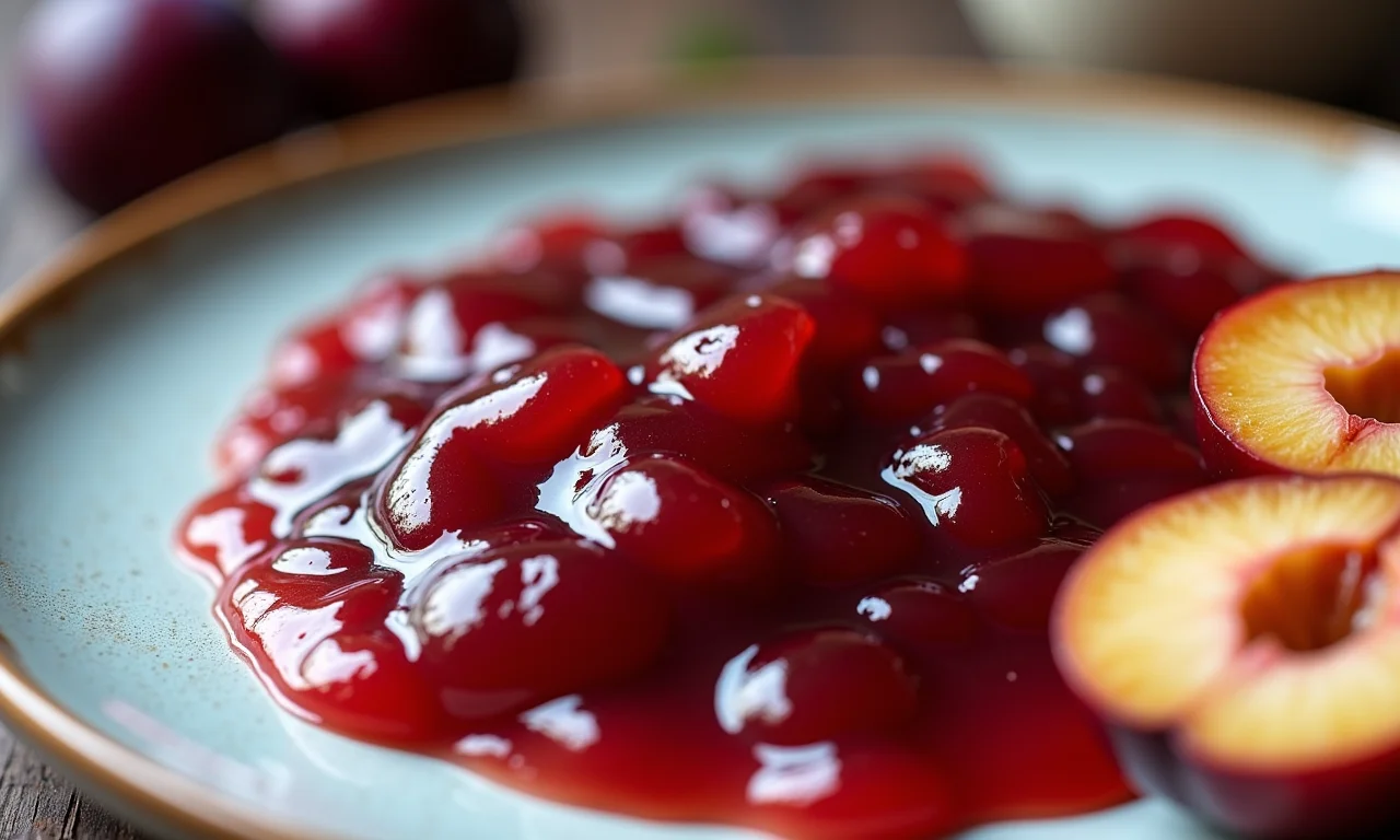 Teste do ponto da geleia de ameixa em prato gelado.