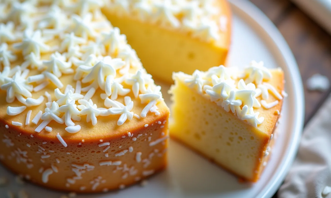 Textura cremosa e úmida do bolo de coco.