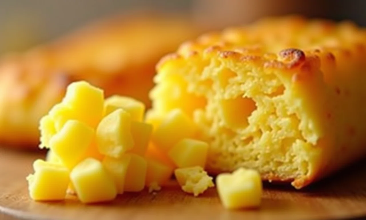 Textura densa e úmida de um bolo de milho fatiado.