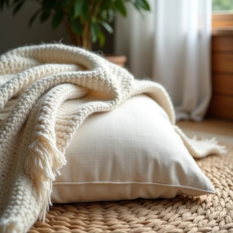 Texturas naturais e aconchegantes em um quarto rústico: lã, linho e juta.