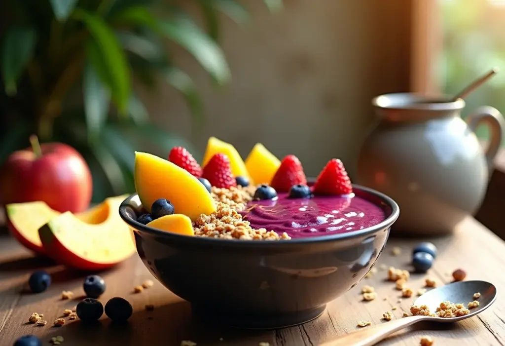 Tigela de açaí cremosa com frutas frescas e granola.