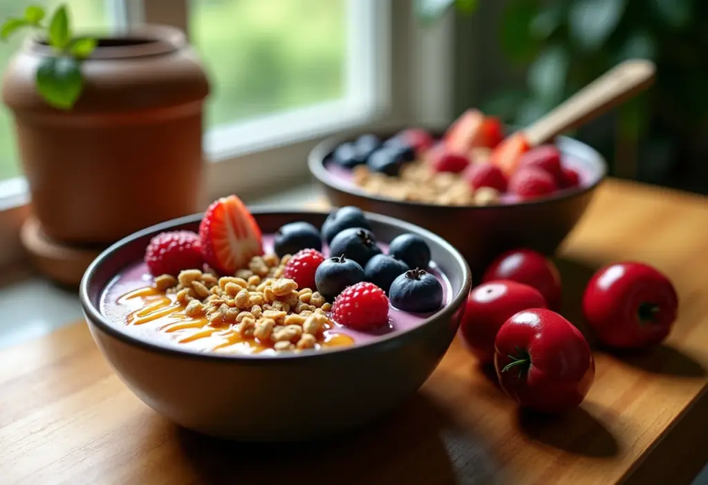Tigelas de açaí cremosas com frutas e granola, prontas para serem saboreadas.