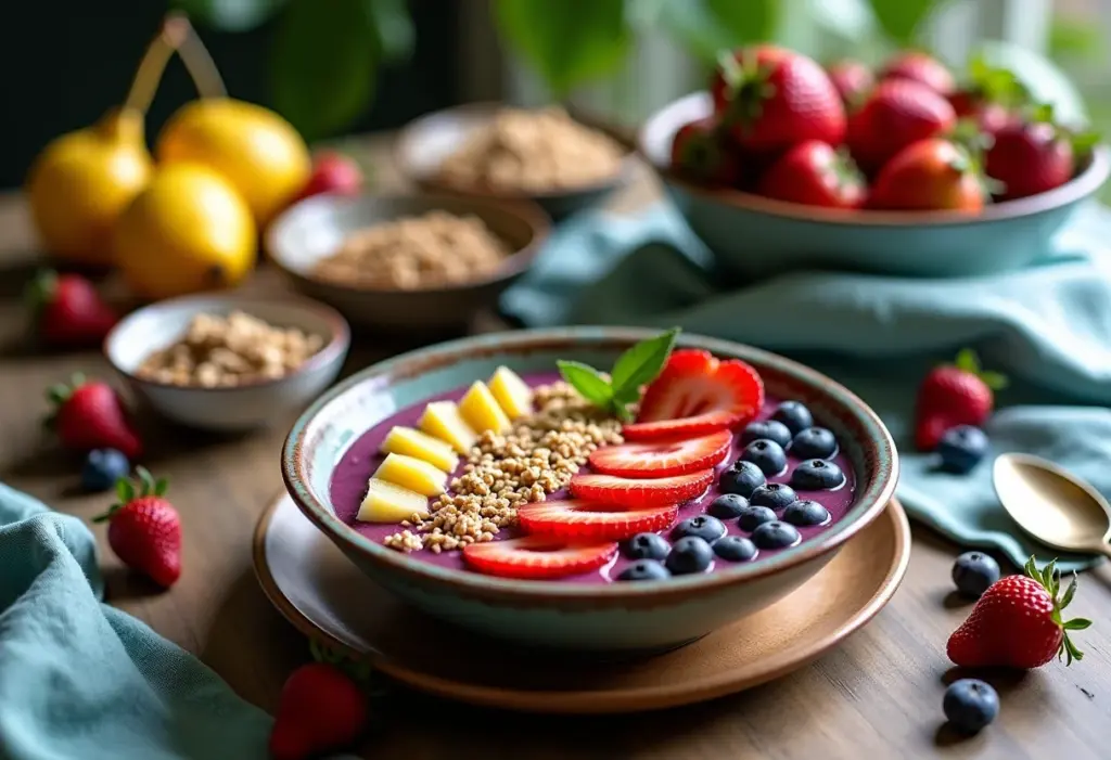 Tigelas de açaí cremoso com frutas e granola em mesa rústica