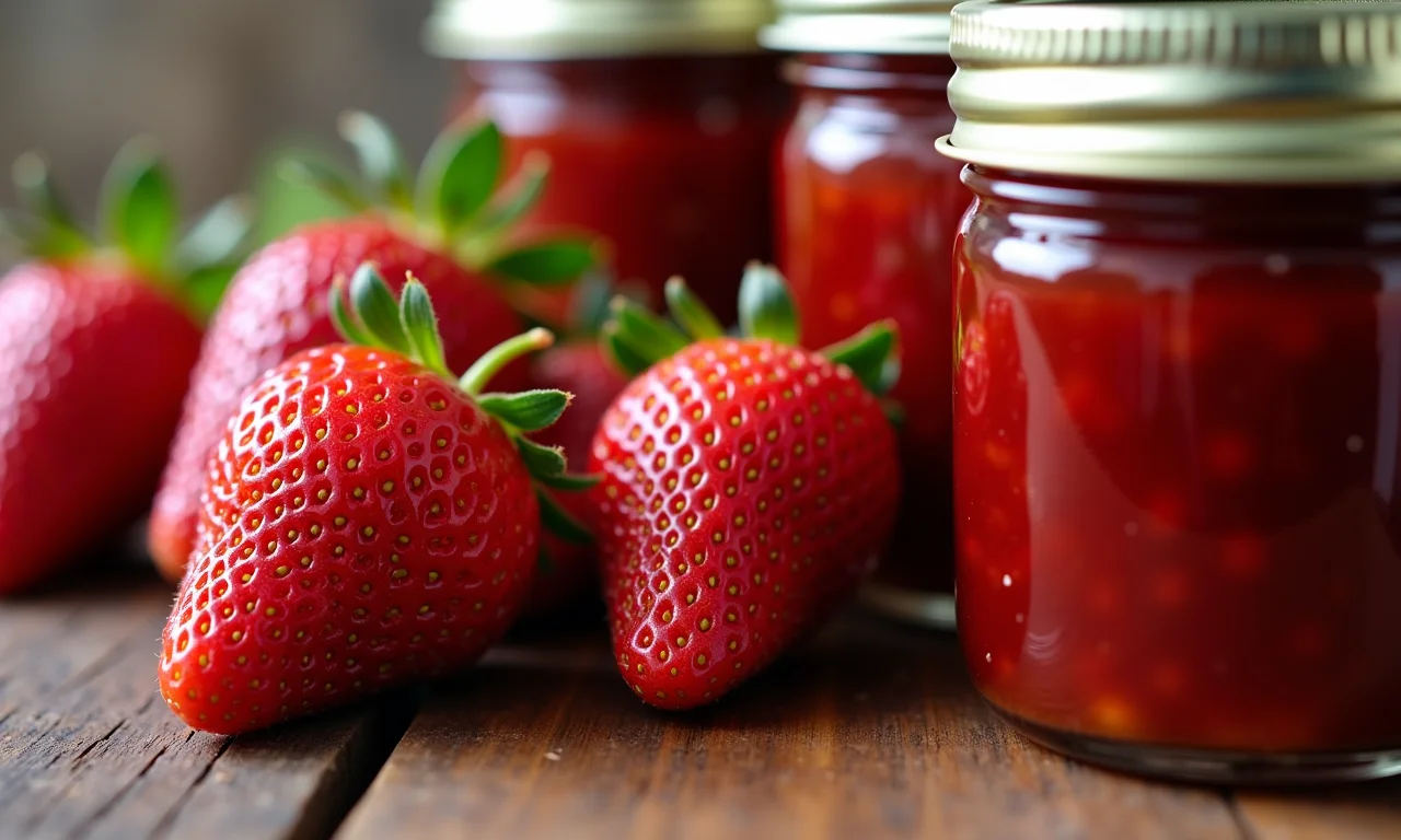 Tipos diferentes de morango ao lado de potes de geleia.