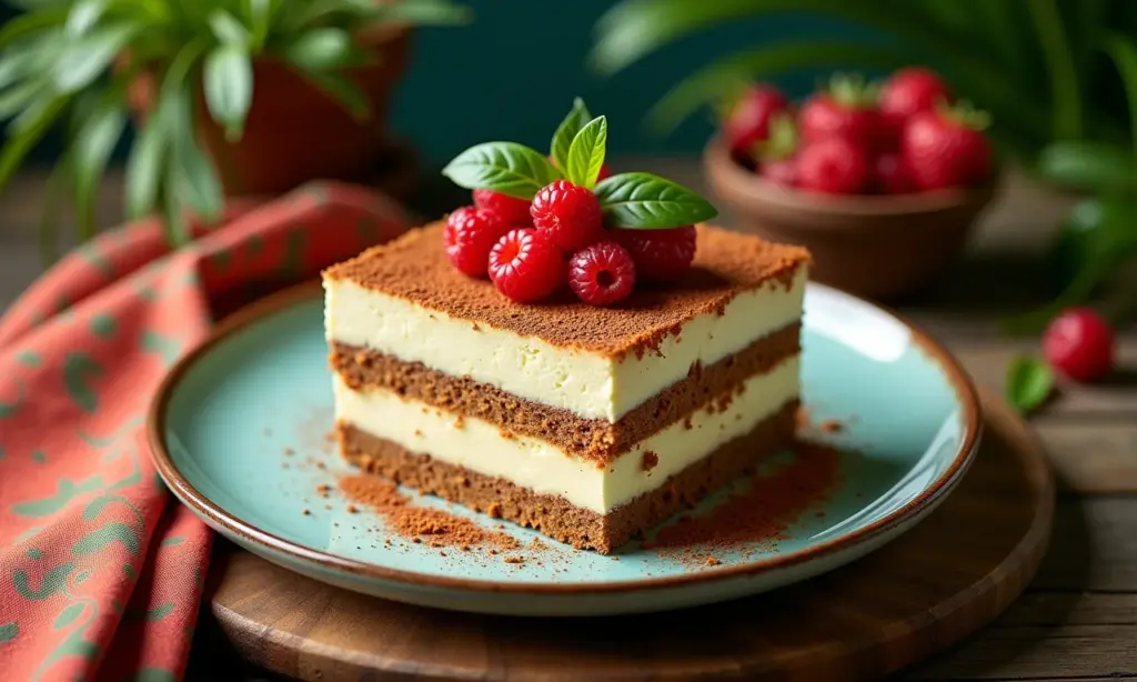 Tiramisu clássico com queijo mascarpone e cacau em mesa de madeira rústica.