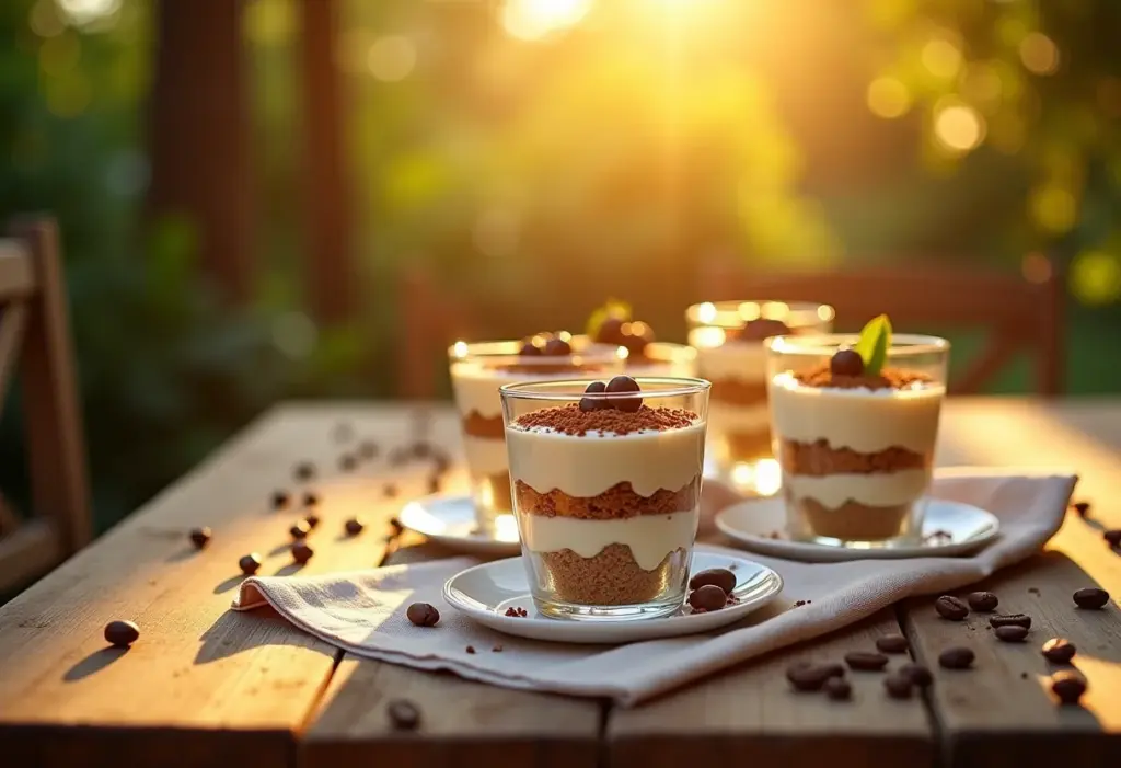 Tiramisu na taça em mesa rústica iluminada pelo sol