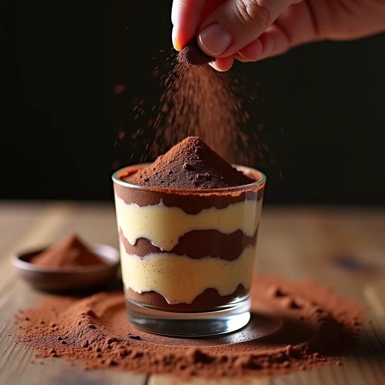 Tiramisu sendo generosamente polvilhado com chocolate em pó.