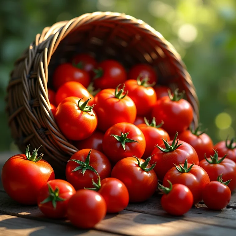 Tomates frescos e maduros em cesta de vime