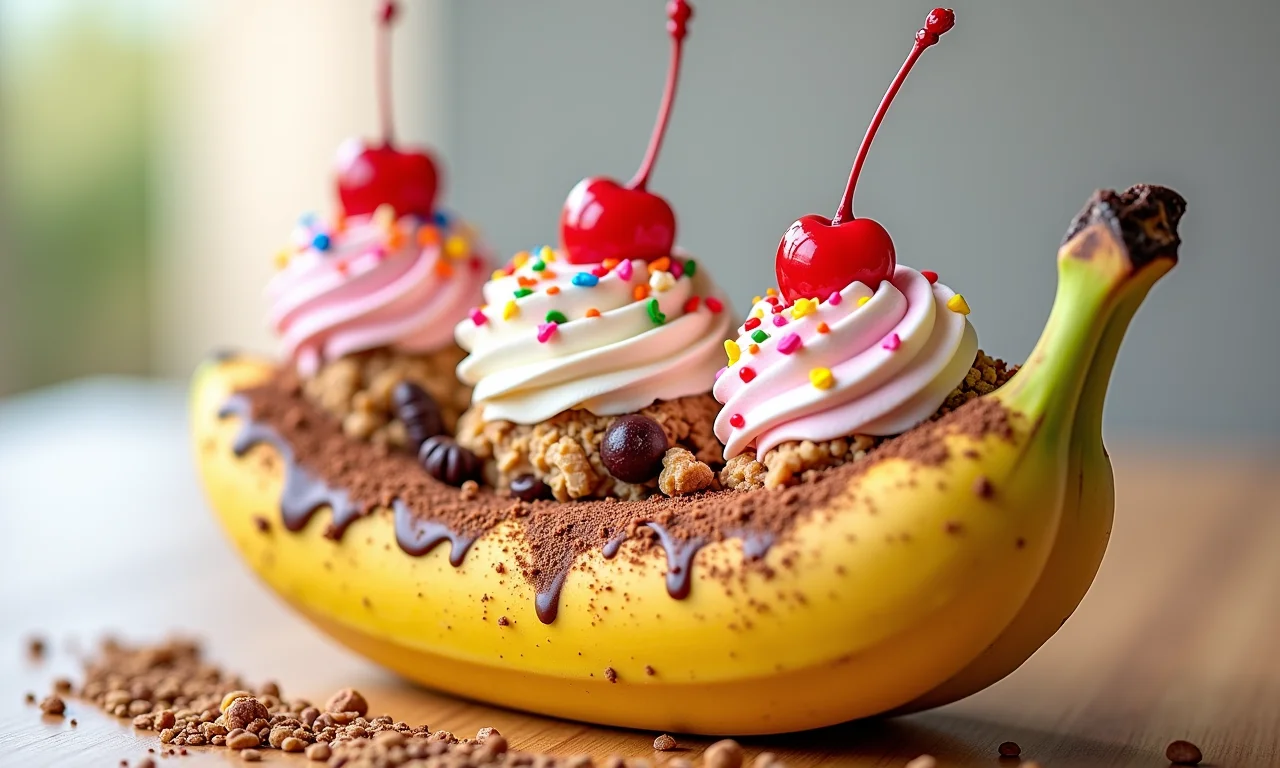 Toppings crocantes e divertidos na banana split.