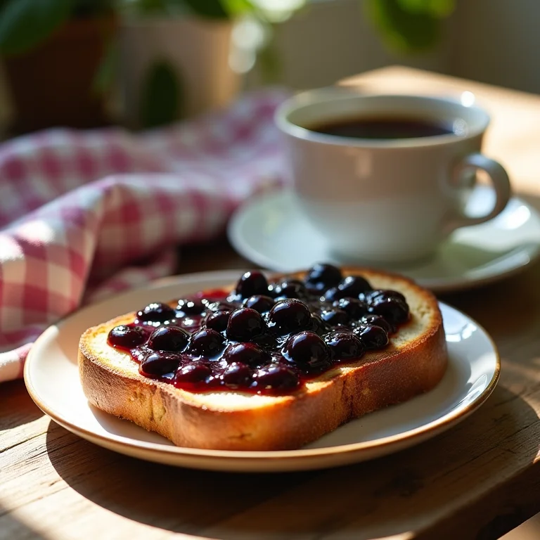 Torrada com geleia de mirtilo e café da manhã