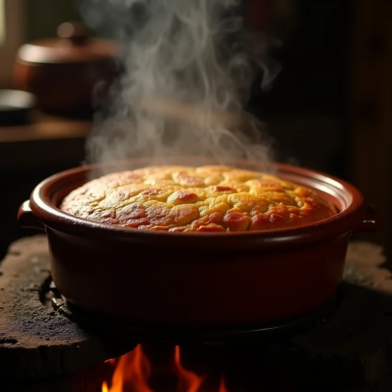 Torta Capixaba cozinhando em fogão a lenha