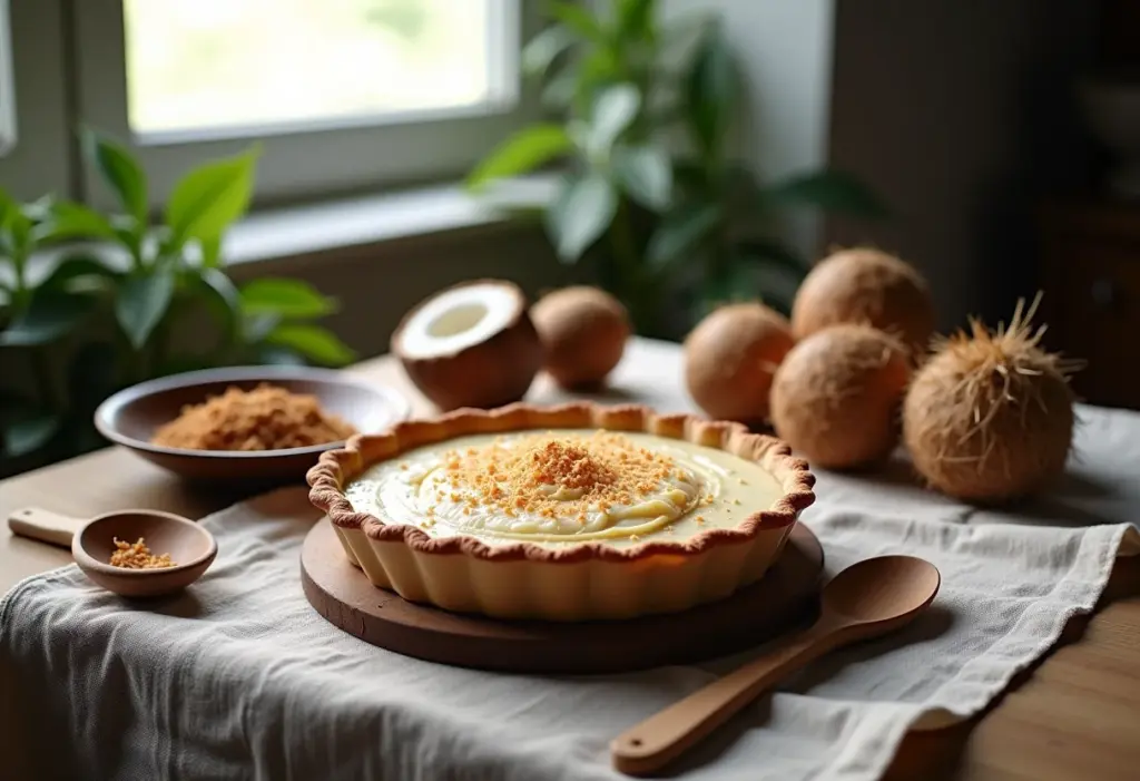 Torta de coco cremosa com aparência de quindim