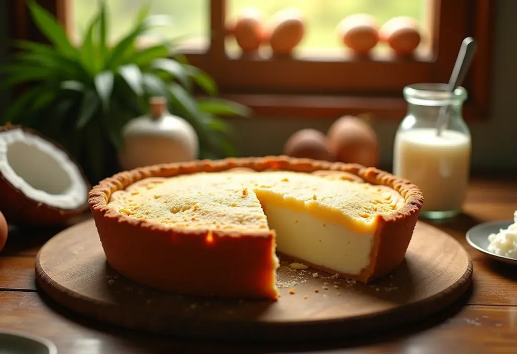 Torta de coco cremosa estilo quindim em mesa de madeira rústica.
