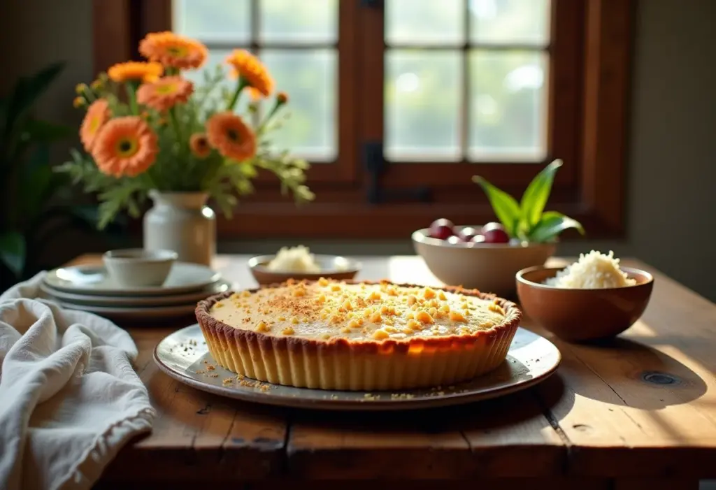Torta de coco cremosa servida em mesa rústica.