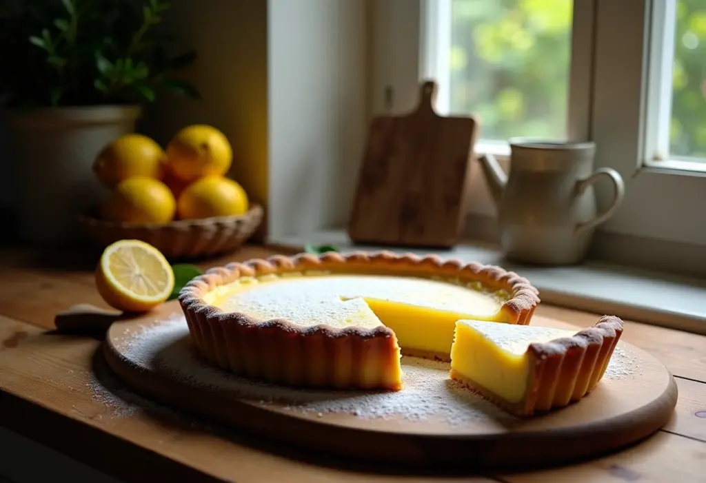 Torta de ricota com limão em mesa rústica